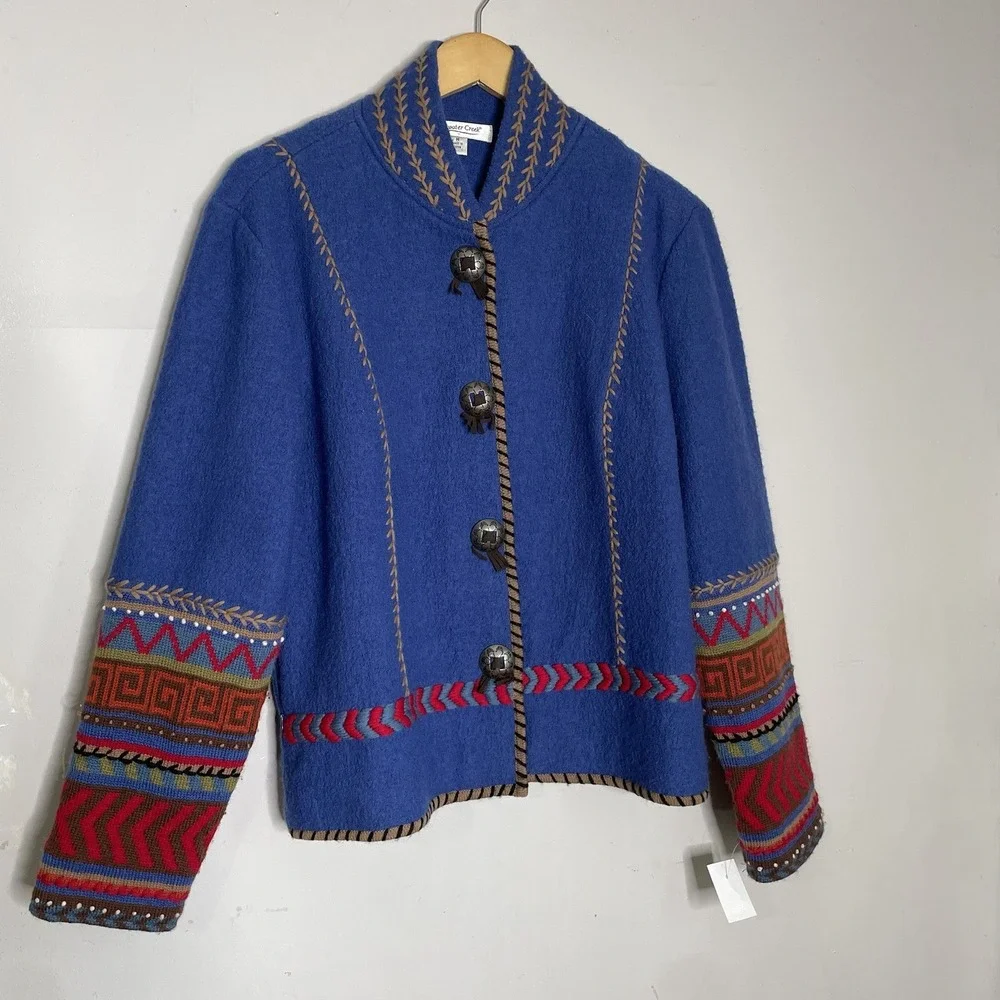 Coldwater Creek Blue Wool Blend Boiled Jacket with Multicolor Trim